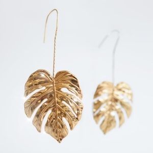 Gold Plated Monstera Textured Leaves Long Drop Earrings